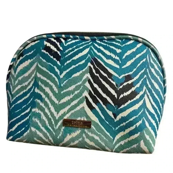 TRINA TURK COLORFUL COSMETIC BAG FEATHER PRINT BLUE / PINK INTERIOR - Picture 3 of 6
